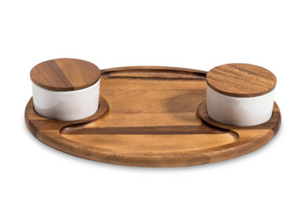 Charcuterie/ Serving Tray w/ 2 Ceramic Bowls w/ Lids