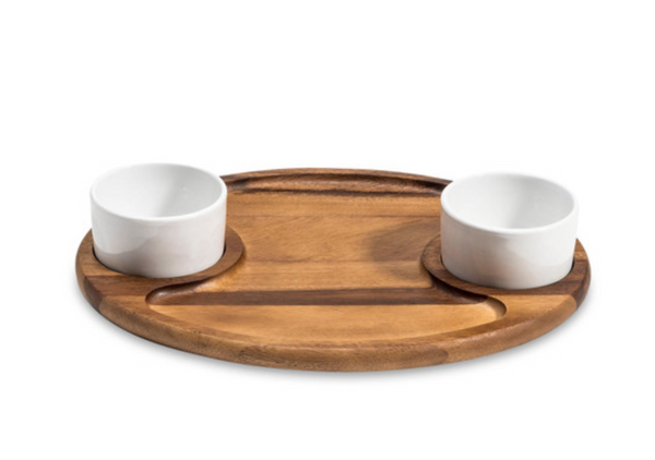 Charcuterie/ Serving Tray w/ 2 Ceramic Bowls w/ Lids