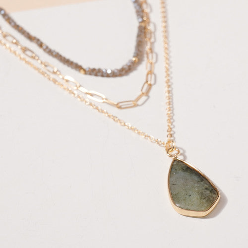 Tear Drop Stone Charm Layered Necklace - Gray