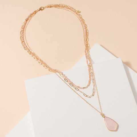 Tear Drop Stone Charm Layered Necklace - Pink