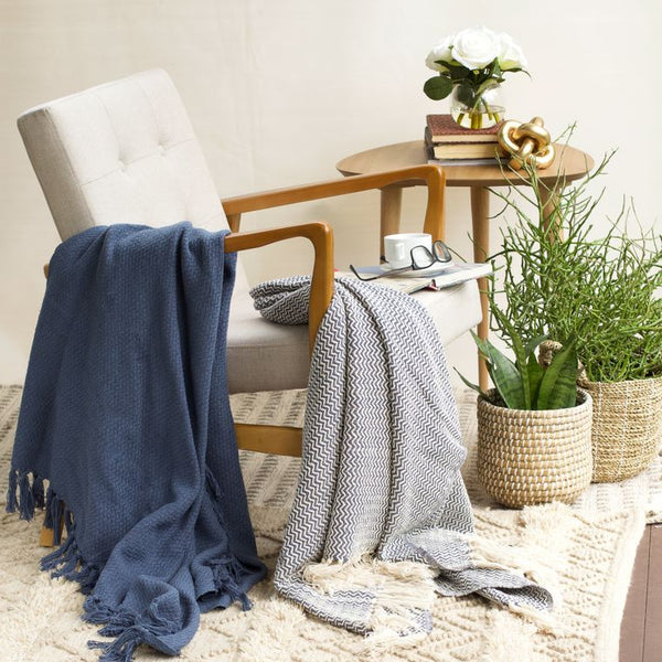 Chevron Two-Piece Denim Blue Cotton Throw Set