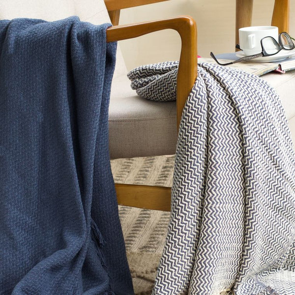 Chevron Two-Piece Denim Blue Cotton Throw Set