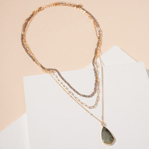 Tear Drop Stone Charm Layered Necklace - Gray