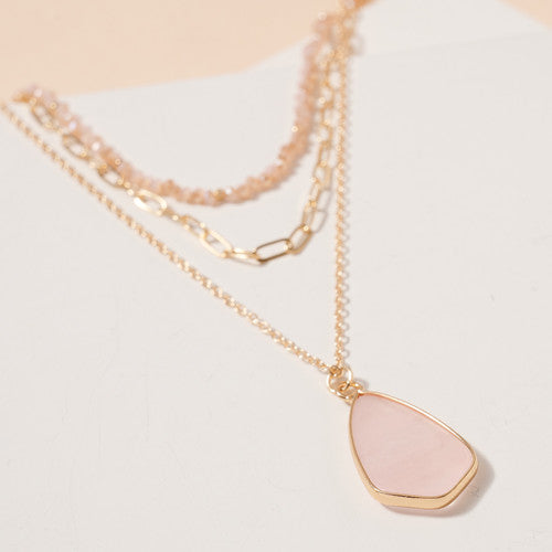 Tear Drop Stone Charm Layered Necklace - Pink