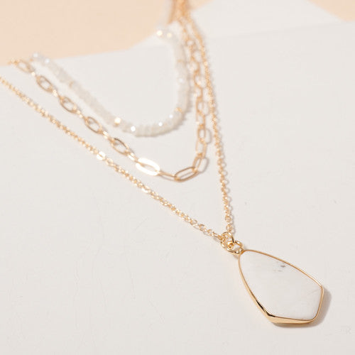 Tear Drop Stone Charm Layered Necklace - White